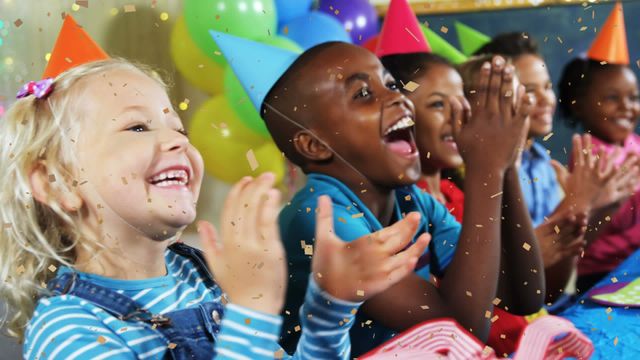 Scene depicts a multiracial group of children celebrating a special occasion. They wear colorful party hats, and confetti is falling around them, giving a joyous and festive atmosphere. This lively and joyful image is perfect for illustrating themes of togetherness, childhood celebrations, school events, and creating promotional materials for kids' parties or educational programs focused on diversity and inclusion.