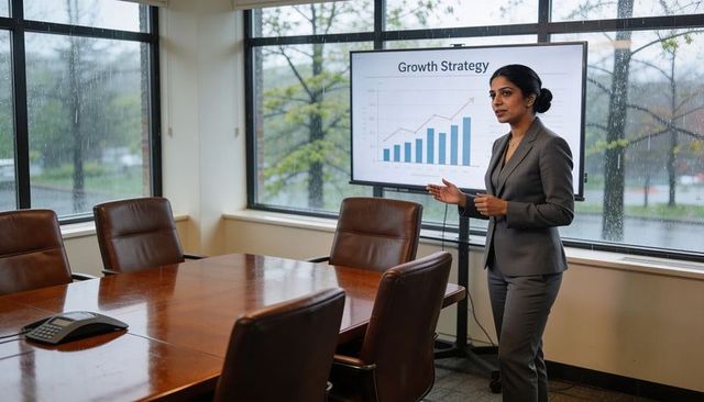 Female executive delivering growth strategy presentation with chart in rain-backed boardroom