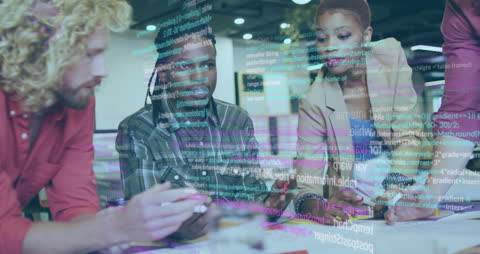 Diverse Team Collaborates with Digital Financial Data Overlay