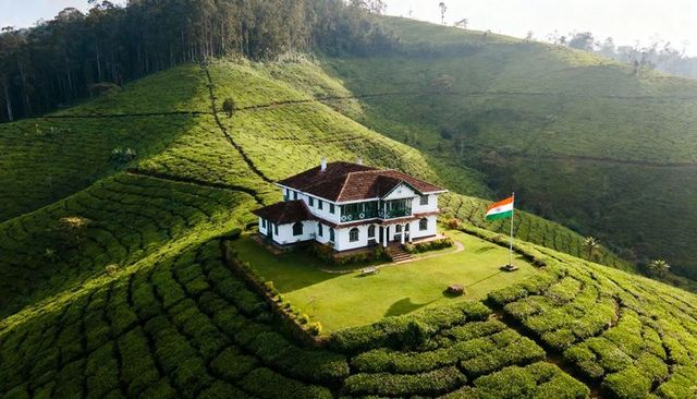 Colonial bungalow on tea estate hilltop with indian flag waving over lush terraces
