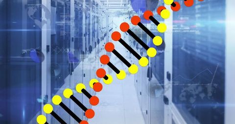 Double Helix Overlaid on Modern Server Corridor Symbolizing Cybersecurity
