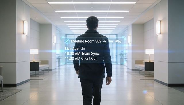 Walking professional navigating sleek office with holographic meeting room directions