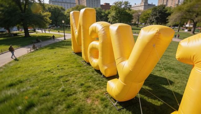 Giant yellow inflatable letters stretching across urban park lawn, anchored public art