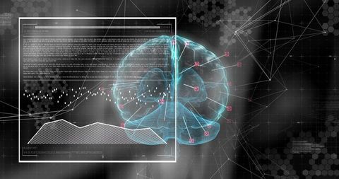 Holographic brain rotating with neural data hud, wireframe cortex, cyan 3d visualization