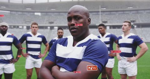 Confident Rugby Players United on Grass Playing Field