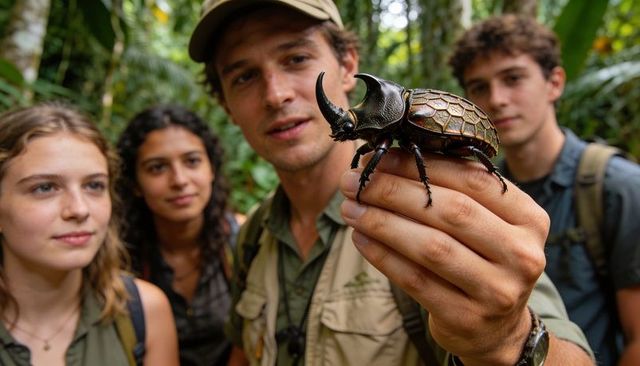 Guide holding giant rhinoceros beetle on rainforest expedition with curious travelers