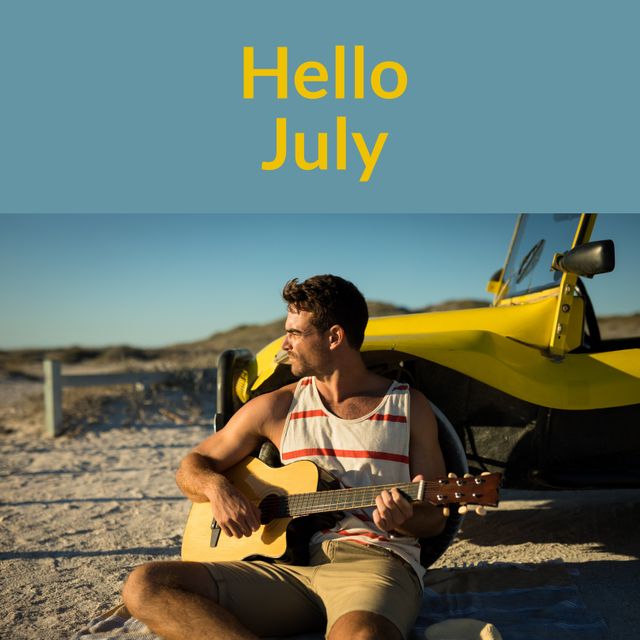 Composition of hello july text over caucasian man playing guitar by car on beach. Summer, july, sun, relaxing and vacation concept digitally generated image.