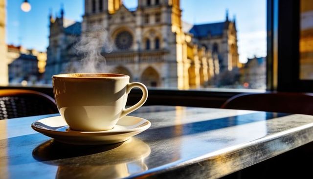 Steaming morning coffee by cathedral window with sunlit reflection and rose window