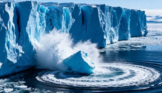 Calving iceberg creating towering spray and concentric ripples at glacier front