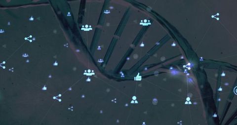 Dna double helix interacting with social network icons depicting genetic data networks
