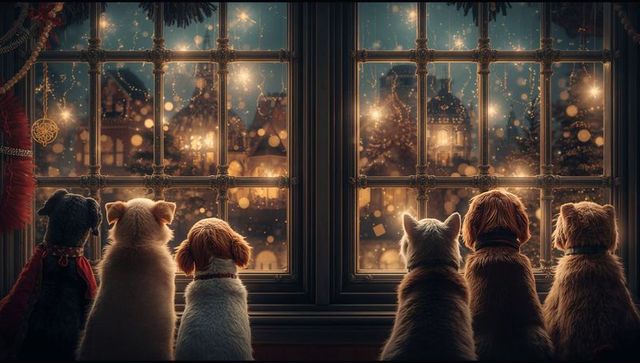 Adorable puppies gaze at holiday winter wonderland through frosted window