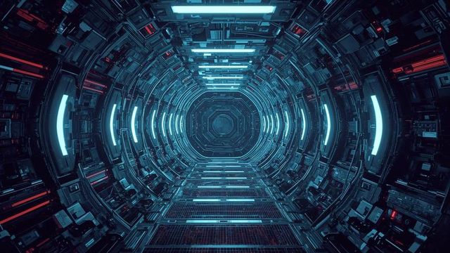 Futuristic sci-fi spacecraft corridor with glowing led lights