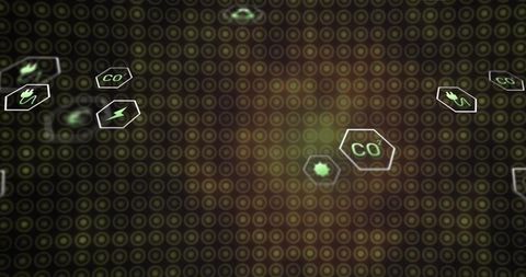 Animating neon dot-matrix grid with glowing green hex icons and energy symbols