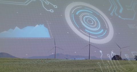 Wind Turbines with Digital Interface Overlay Representing Renewable Innovation