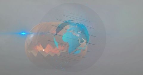 Rotating holographic earth globe with wireframe scanlines, cyan orange glow