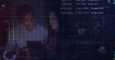 Corporate Professionals Analyzing Data on Tablet with City Skyline at Night