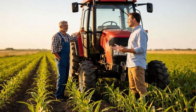 Farmer and advisor discussing crop plans beside red tractor in cornfield at golden hour