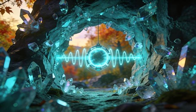 Glowing cyan orb projecting holographic waveform inside crystal-lined cave opening at dusk