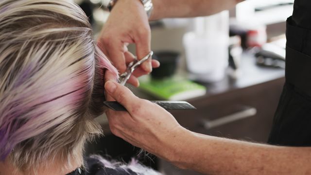 A professional hairdresser carefully trims a client's hair, showcasing expert technique and precision. This is ideal for promotional materials for hair salons, hairstylist portfolio showcases, or editorial pieces on beauty and hair care practices.