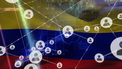 Abstract Digital Network Over Colombian Flag with Globes and Connections
