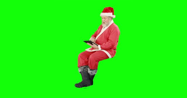 Santa Claus dressed in traditional red costume with white accents using modern tablet. Green screen background allows easy edits in various digital projects. Useful for commercials, holiday greetings, social media content, and festive video productions.