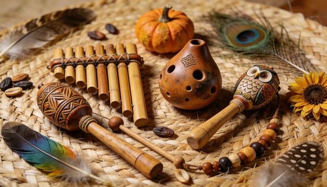 Rustic folk instruments displaying pan flute, ocarina, carved wooden rattles on straw mat