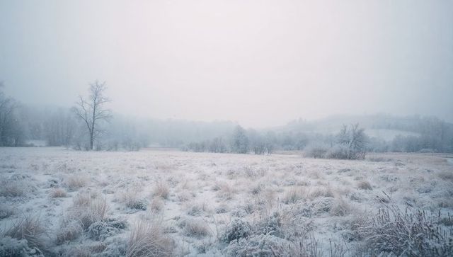 Snow-Blanketing Meadow in Misty Valley, Solitary Tree, Frost-Covered Grasses