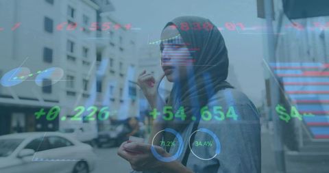 Hijab-wearing commuter holding to-go cup and stirring spoon with financial data overlays