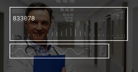 Doctor Engaging with Digital Interface in Hospital Corridor