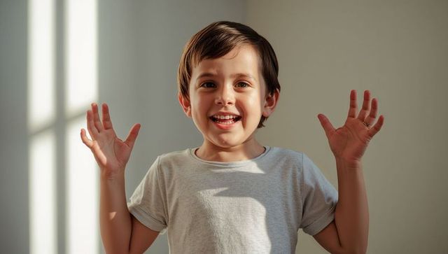 Smiling boy raising arms and spreading fingers in sunlit minimalist interior portrait