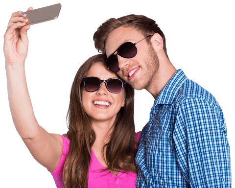 Cheerful Couple with Sunglasses Taking a Transparent Smartphone Selfie