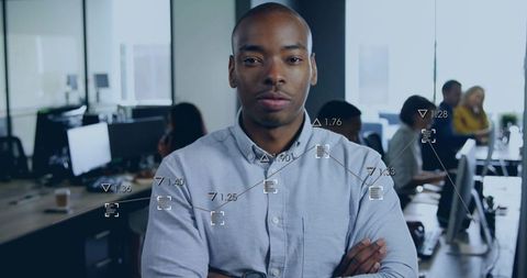 Confident young professional leading tech team in open office with analytics overlays