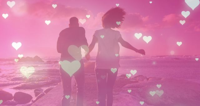 Romantic Couple Enjoying Sunset at Beach with Heart Overlay - Download Free Stock Images Pikwizard.com