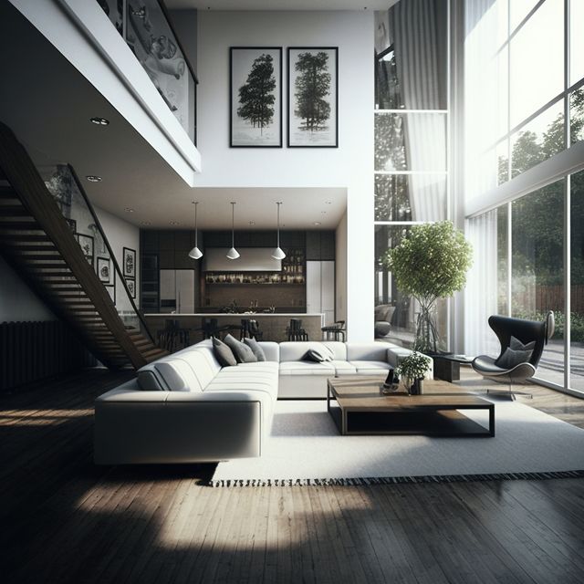 Living room with table, plant and large windows, created using generative ai technology. Cotemporary style house interior decor concept digitally generated image.
