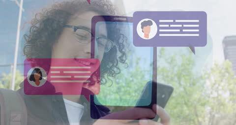 Young Man Engaging with Smartphone and Digital Messaging Overlays