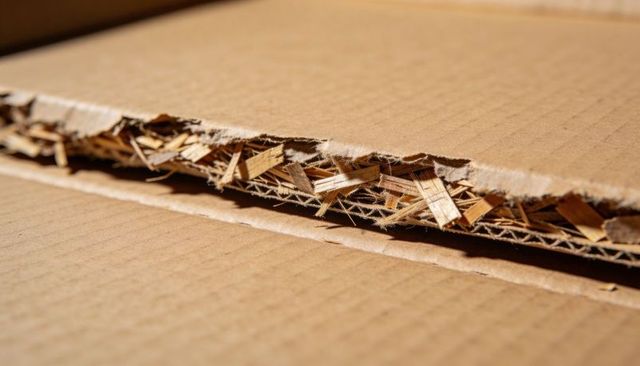 Macro torn corrugated cardboard edge exposing fluted core and wood fiber texture