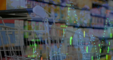 Digital Analytics Overlay on Shopping Cart in Grocery Aisle