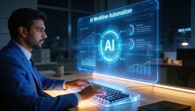 Businessman typing on glowing keyboard activating holographic AI workflow automation