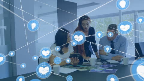 Diverse Team Collaborating on Digital Project with Network Graphics Overlay