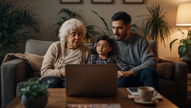 Grandmother, father and son watching laptop together on cozy living room sofa with warm lamp light