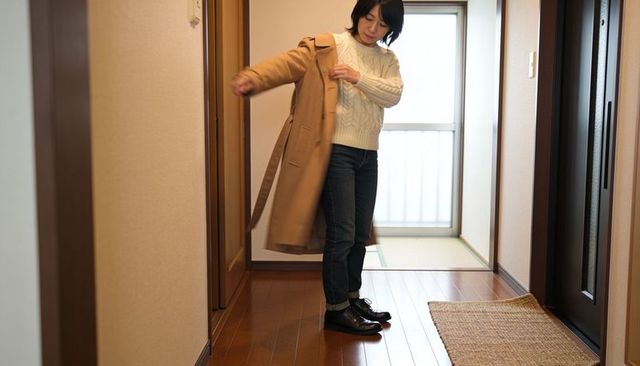 Asian woman putting on camel trench coat in modern entryway with wooden floor