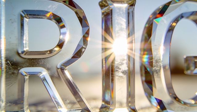 Crystal letters refracting sunlight into prismatic rainbow flares on sand macro