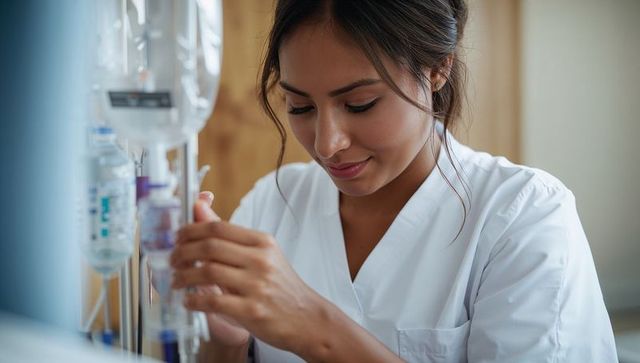 Nurse adjusting iv infusion line and securing tubing beside patient bed in hospital care