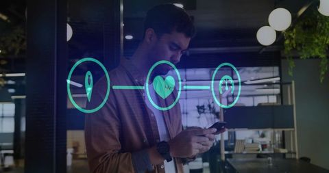 Futuristic Office: Man Interacting with Holographic Technology