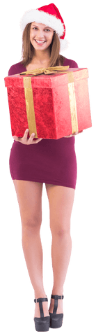 Festive woman smiling wearing santa hat presenting large gift transparent
