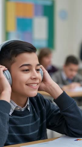Vertical video smiling student putting on headphones and listening to lesson in classroom