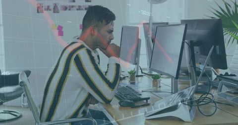 Developer analyzing market data on multimonitor workstation in modern office