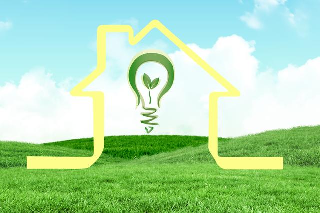 Concept image of an eco-friendly home shown with house outline, lightbulb, and green field background. Useful for illustrating sustainability, energy conservation, and environmental themes. Perfect for presentations, websites, banners, and articles related to eco-living and renewable energy.