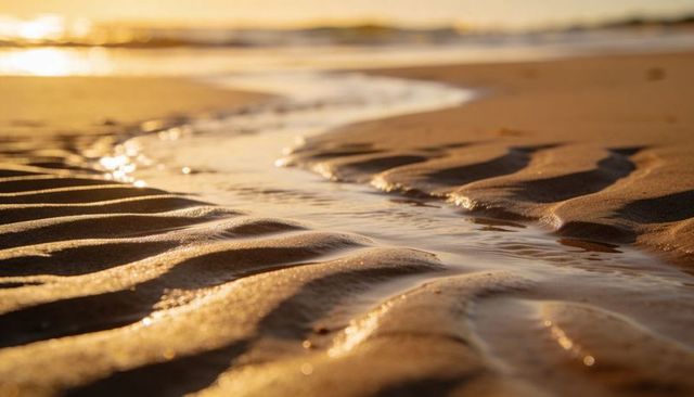 Golden tide carving shallow channel across rippled wet sand at sunset