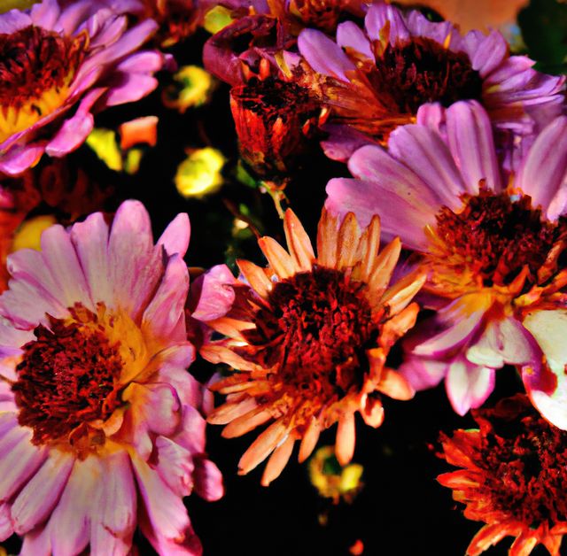 Bright and detailed close-up of blooming purple and red chrysanthemums reveals intricate petals and vibrant colors. Ideal for usage in gardening blogs, floral arrangement advertisements, and seasonal decor designs. Emphasizes nature’s beauty and can be used in a variety of nature-inspired campaigns.